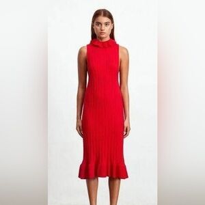 Elliatt Pomodoro Red Ribbed
Knit Sleeveless Frill Midi Dress
Size Medium